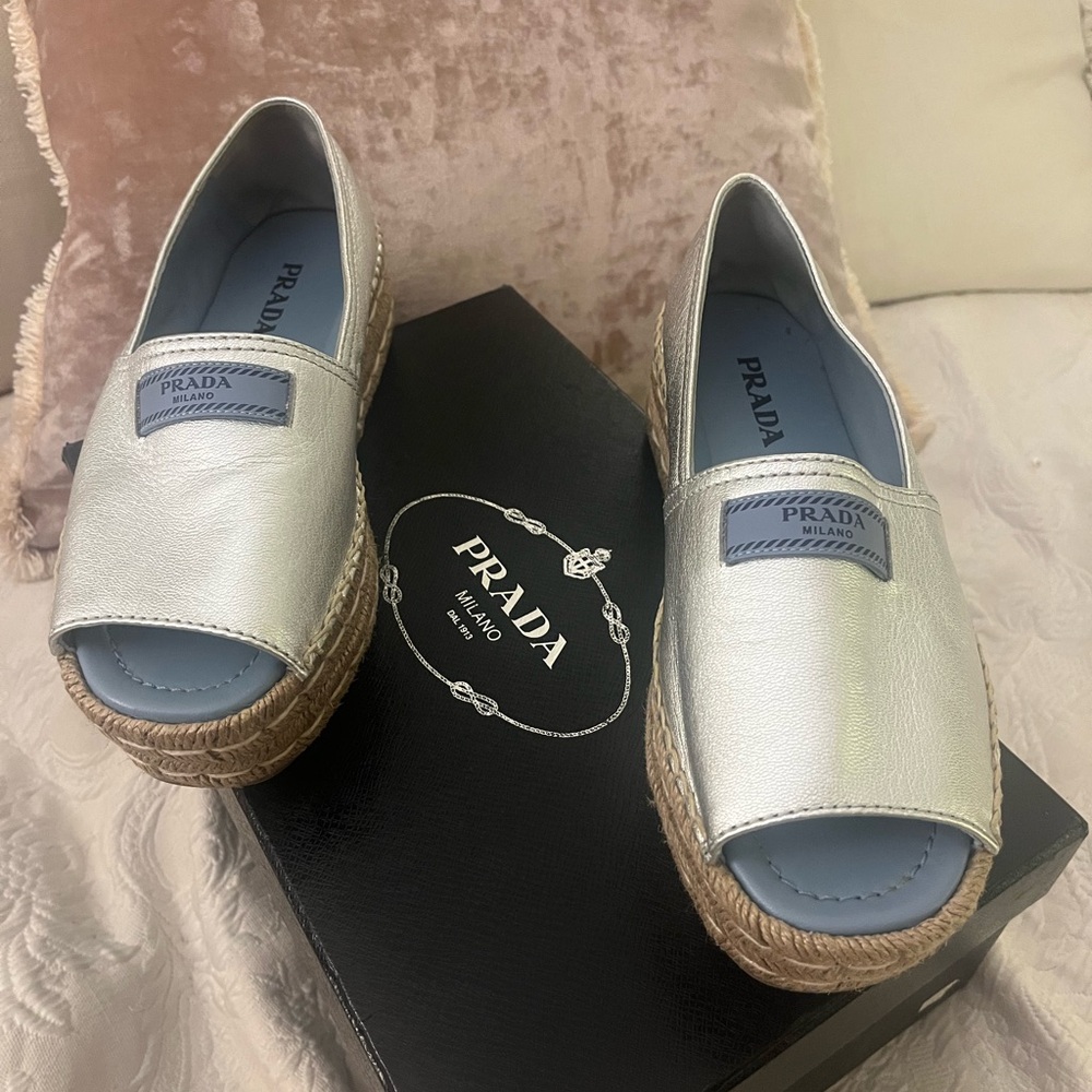 Prada Metallic Silver Espadrille Flats - peep toe